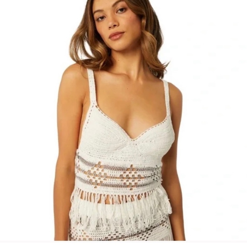 Misa Los Angeles White Crochet Fringe Top